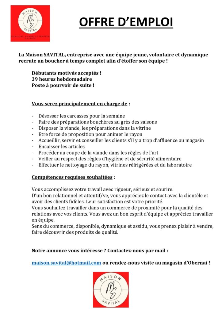 Offre d'emploi pour un boucher
